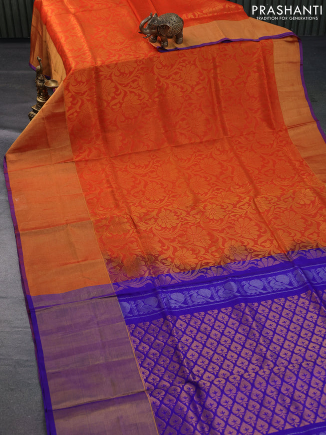 Pure uppada silk saree orange and blue with allover zari woven brocade weaves and long zari woven border