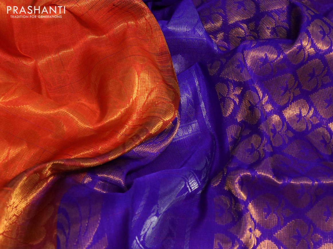 Pure uppada silk saree orange and blue with allover zari woven brocade weaves and long zari woven border