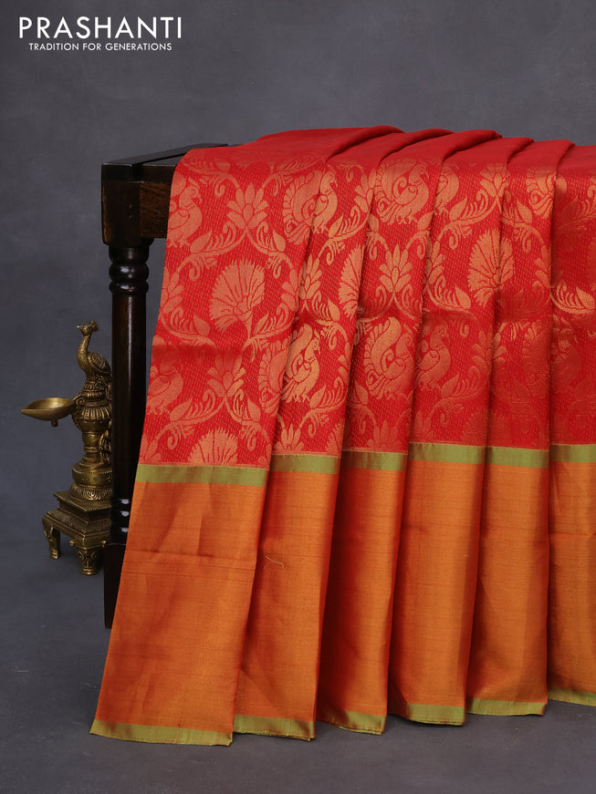 Pure uppada silk saree maroon and parrot green with allover zari woven brocade weaves and long zari woven border