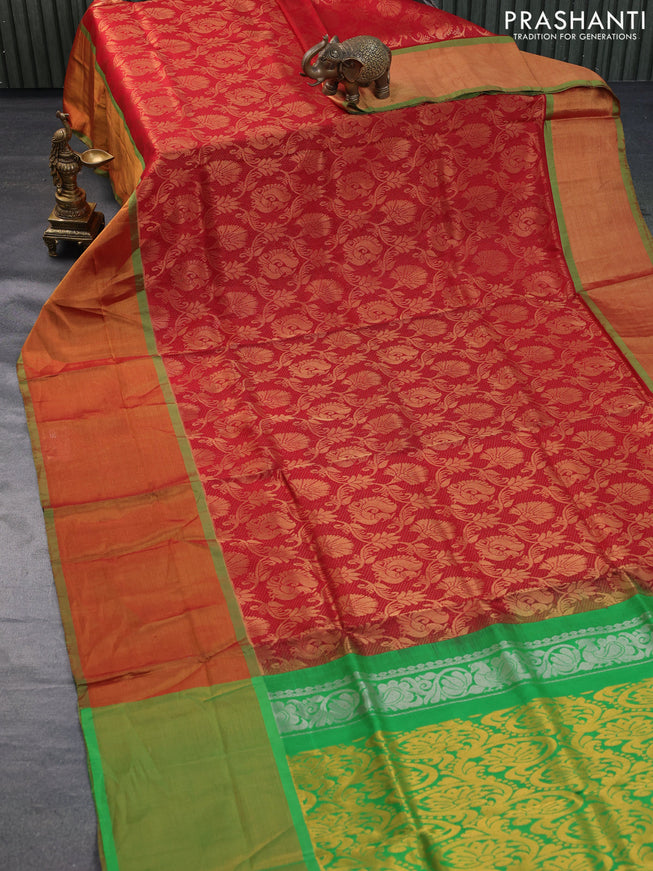 Pure uppada silk saree maroon and parrot green with allover zari woven brocade weaves and long zari woven border