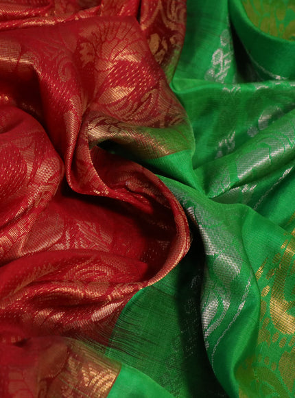 Pure uppada silk saree maroon and parrot green with allover zari woven brocade weaves and long zari woven border