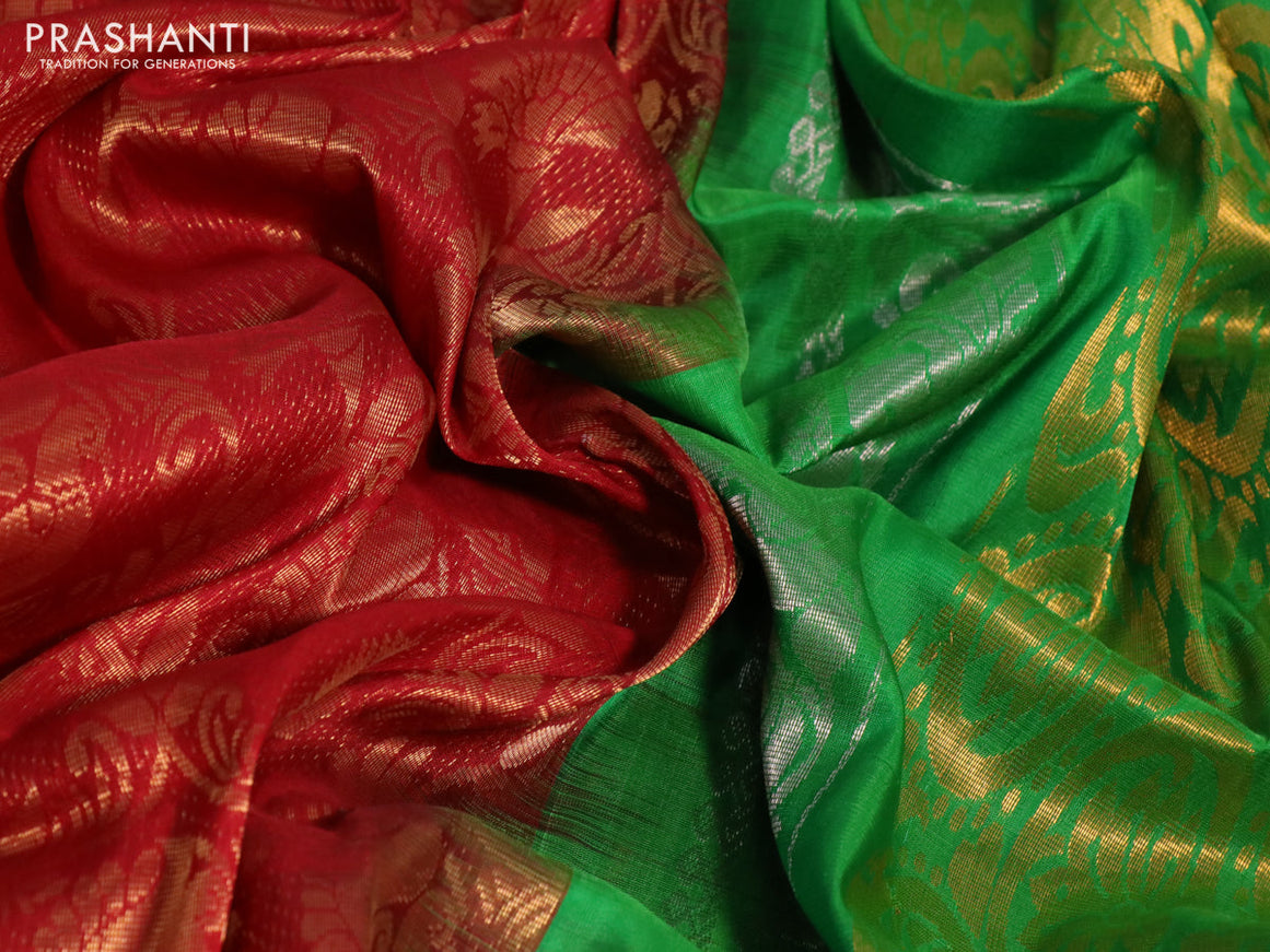 Pure uppada silk saree maroon and parrot green with allover zari woven brocade weaves and long zari woven border