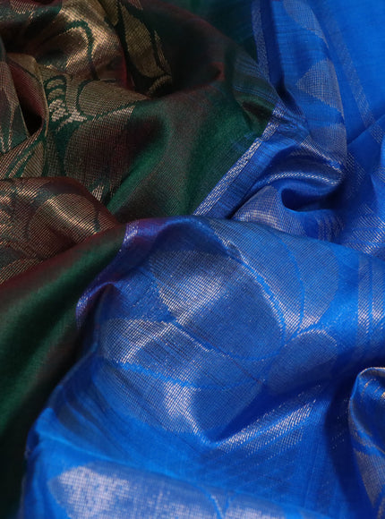 Pure uppada silk saree dual shade of greenish maroon and cs blue with allover zari woven brocade weaves and long zari woven border