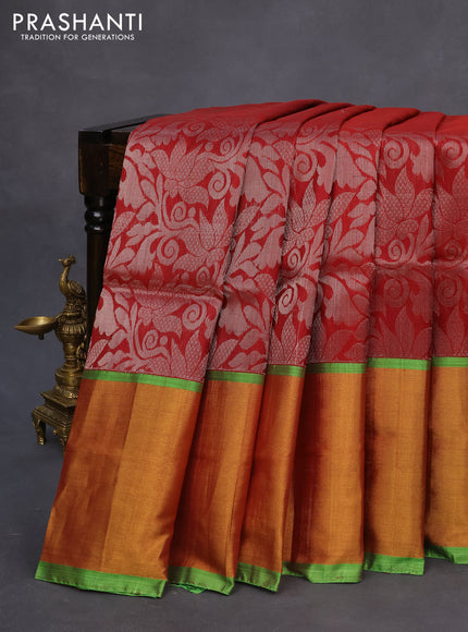 Pure uppada silk saree maroon and parrot green with allover silver zari woven brocade weaves and long zari woven border