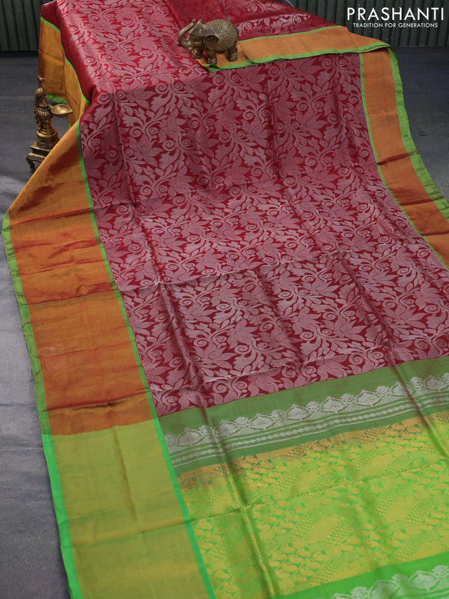 Pure uppada silk saree maroon and parrot green with allover silver zari woven brocade weaves and long zari woven border