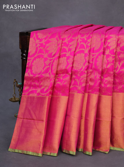 Pure uppada silk saree pink shade and parrot green with allover zari woven brocade weaves and long zari woven border