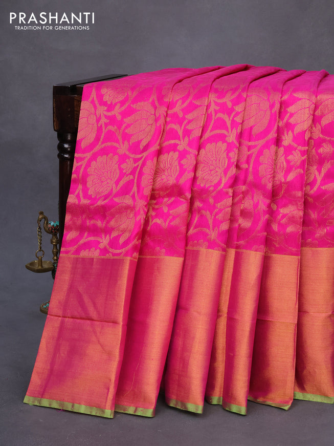 Pure uppada silk saree pink shade and parrot green with allover zari woven brocade weaves and long zari woven border