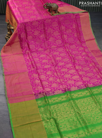 Pure uppada silk saree pink shade and parrot green with allover zari woven brocade weaves and long zari woven border