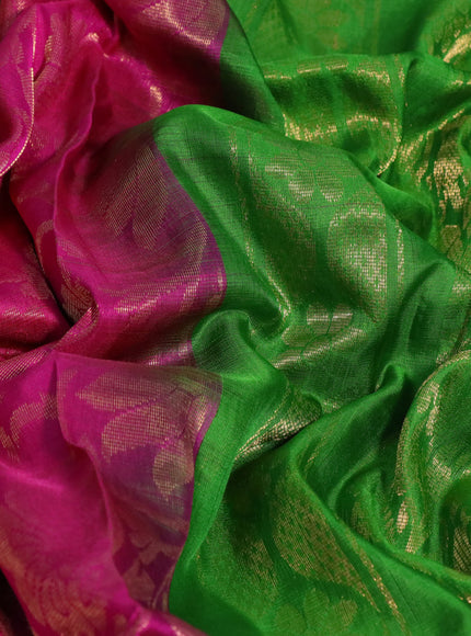 Pure uppada silk saree pink shade and parrot green with allover zari woven brocade weaves and long zari woven border