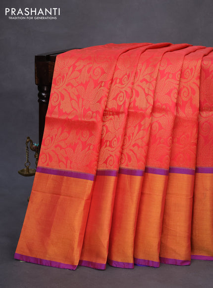 Pure uppada silk saree pink shade and blue with allover zari woven brocade weaves and long zari woven border