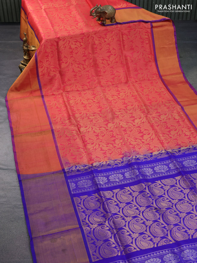 Pure uppada silk saree pink shade and blue with allover zari woven brocade weaves and long zari woven border