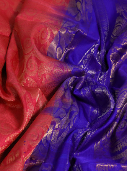 Pure uppada silk saree pink shade and blue with allover zari woven brocade weaves and long zari woven border