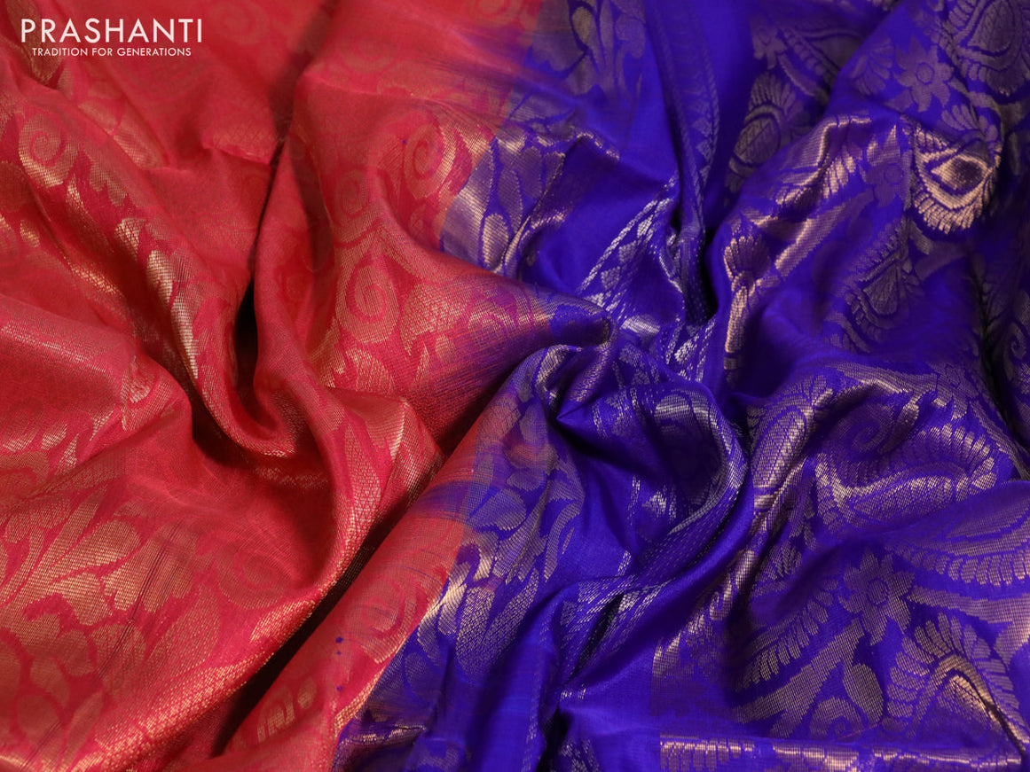 Pure uppada silk saree pink shade and blue with allover zari woven brocade weaves and long zari woven border