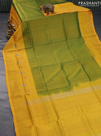 Pure uppada silk saree dual shade of green and yellow with allover zari woven butta weaves and floral design zari woven border