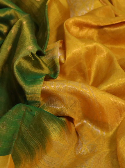 Pure uppada silk saree dual shade of green and yellow with allover zari woven butta weaves and floral design zari woven border