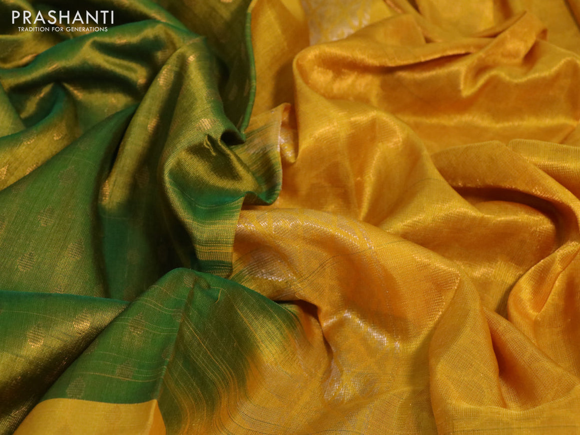 Pure uppada silk saree dual shade of green and yellow with allover zari woven butta weaves and floral design zari woven border