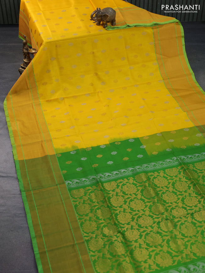 Pure uppada silk saree yellow and light green with zari woven floral buttas and long zari woven border