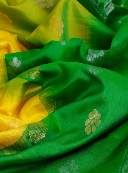 Pure uppada silk saree yellow and light green with zari woven floral buttas and long zari woven border