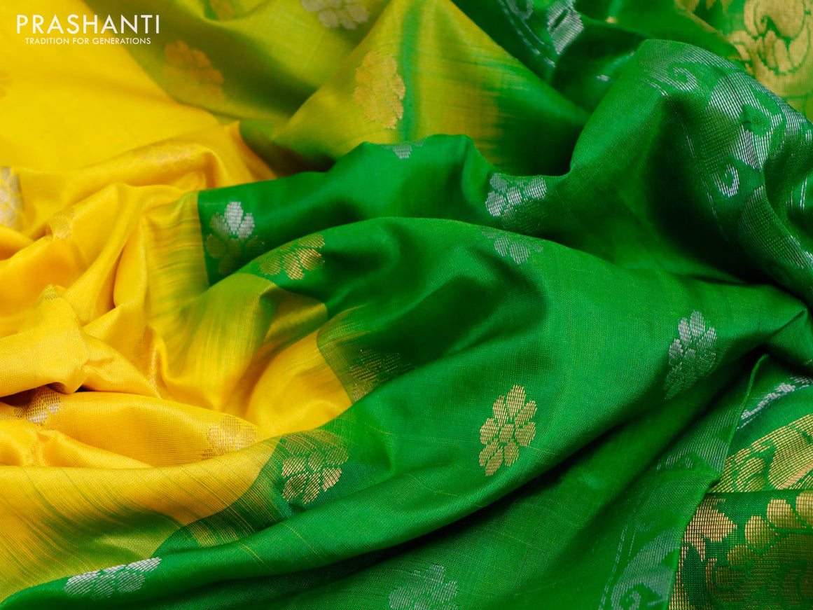 Pure uppada silk saree yellow and light green with zari woven floral buttas and long zari woven border