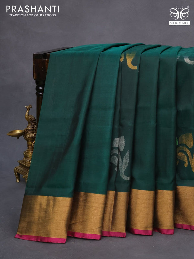 Pure uppada silk saree bottle green and pink with jamdhani buttas and jamdhani woven pallu