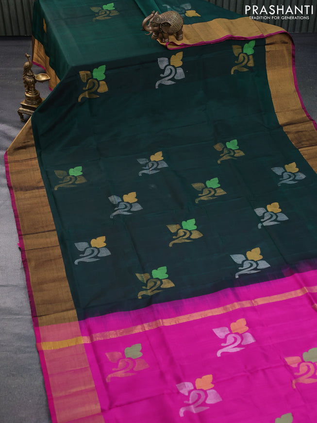 Pure uppada silk saree bottle green and pink with jamdhani buttas and jamdhani woven pallu