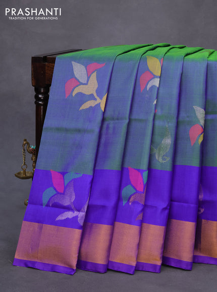 Pure uppada silk saree dual shade of bluish green and blue with jamdhani buttas and jamdhani woven pallu