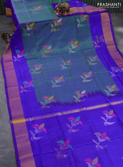 Pure uppada silk saree dual shade of bluish green and blue with jamdhani buttas and jamdhani woven pallu