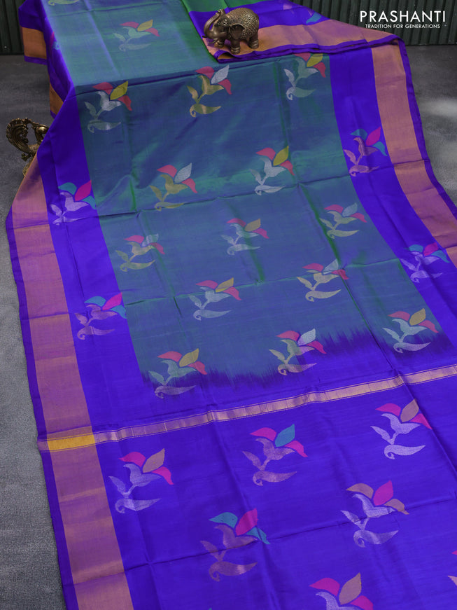 Pure uppada silk saree dual shade of bluish green and blue with jamdhani buttas and jamdhani woven pallu