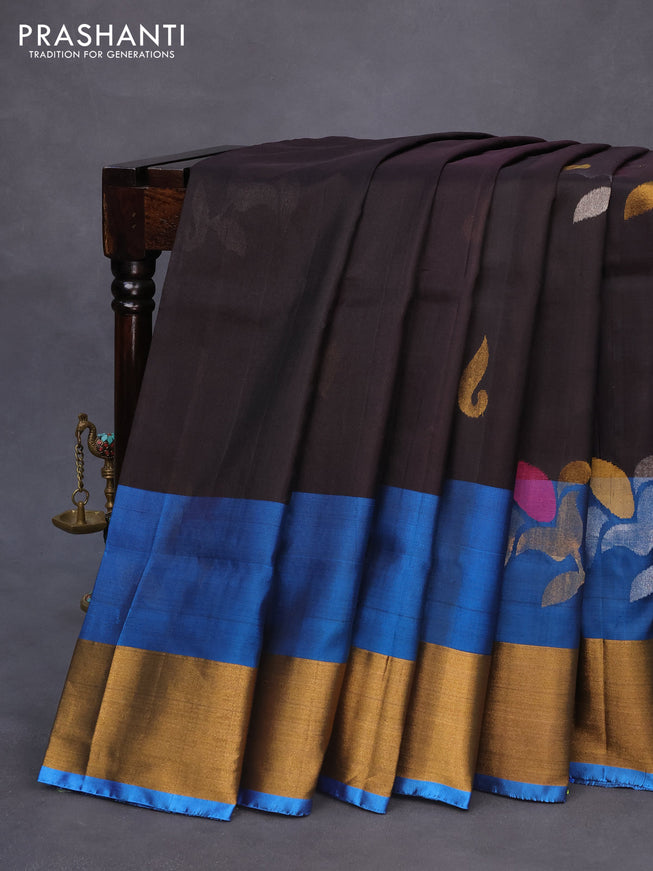 Pure uppada silk saree coffee brown and cs blue with jamdhani buttas and jamdhani woven pallu