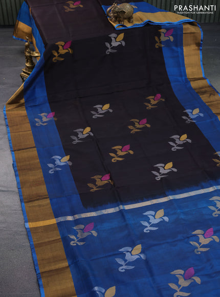 Pure uppada silk saree coffee brown and cs blue with jamdhani buttas and jamdhani woven pallu