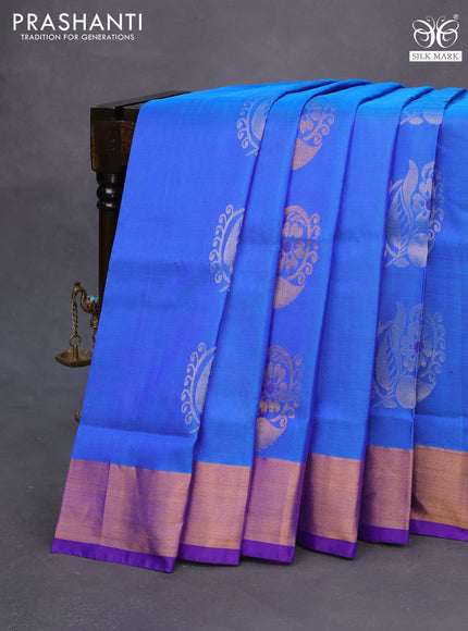 Pure uppada silk saree dual shade of blue and royal blue with allover silver & gold zari woven floral buttas and zari woven border