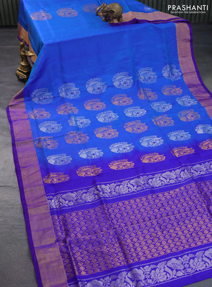 Pure uppada silk saree dual shade of blue and royal blue with allover silver & gold zari woven floral buttas and zari woven border