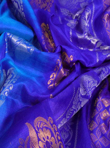 Pure uppada silk saree dual shade of blue and royal blue with allover silver & gold zari woven floral buttas and zari woven border