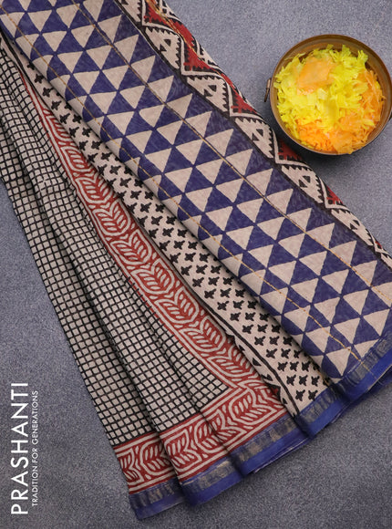 Chanderi bagru saree beige and blue shade with allover checked pattern and small zari woven border