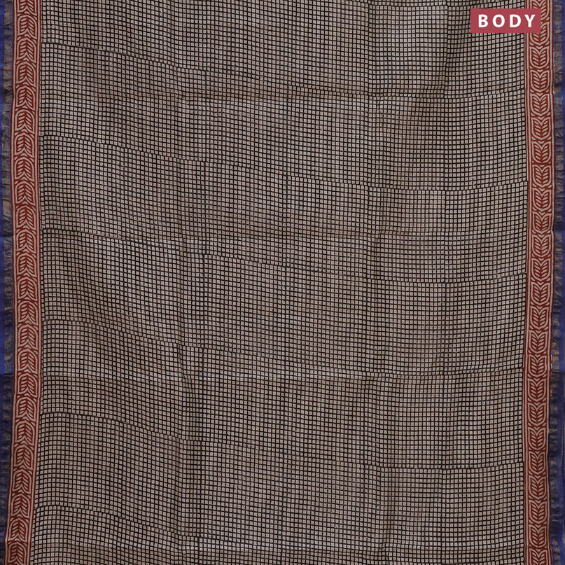 Chanderi bagru saree beige and blue shade with allover checked pattern and small zari woven border