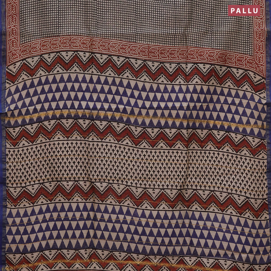 Chanderi bagru saree beige and blue shade with allover checked pattern and small zari woven border