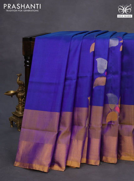 Pure uppada silk saree blue and mustard yellow with zari woven jamdhani buttas and zari woven border