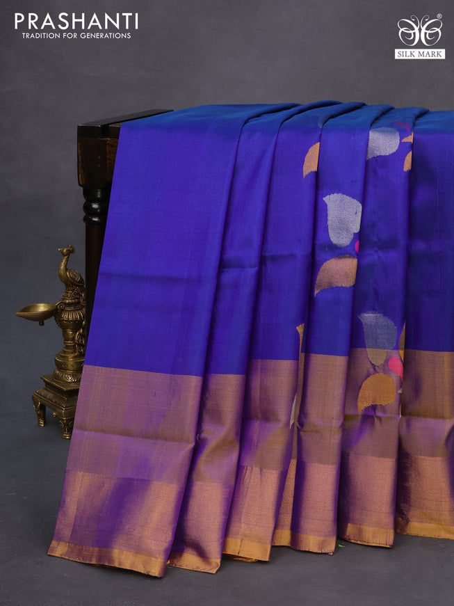 Pure uppada silk saree blue and mustard yellow with zari woven jamdhani buttas and zari woven border