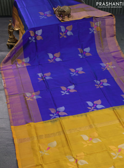 Pure uppada silk saree blue and mustard yellow with zari woven jamdhani buttas and zari woven border