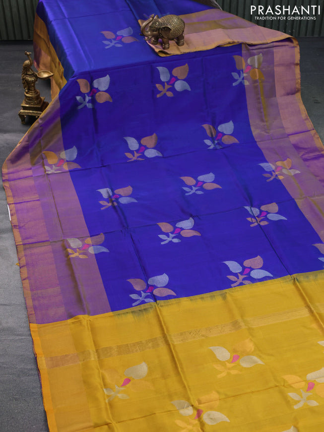 Pure uppada silk saree blue and mustard yellow with zari woven jamdhani buttas and zari woven border