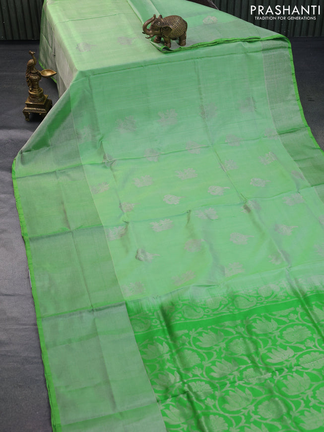 Pure uppada silk saree light green with silver zari woven buttas and long silver zari woven border