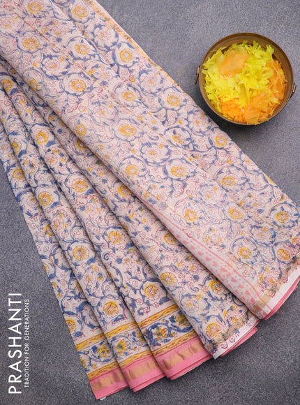 Chanderi bagru saree cream and light pink with allover floral prints and small zari woven border