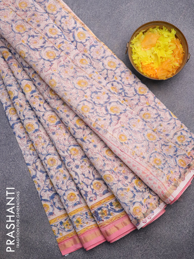 Chanderi bagru saree cream and light pink with allover floral prints and small zari woven border