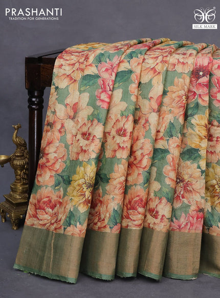 Pure tussar silk saree green shade with allover floral design pita work and zari woven border