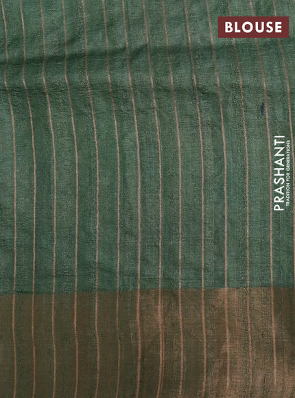 Pure tussar silk saree green shade with allover floral design pita work and zari woven border