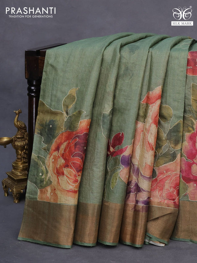 Pure tussar silk saree sap green with allover floral design pita work and zari woven border