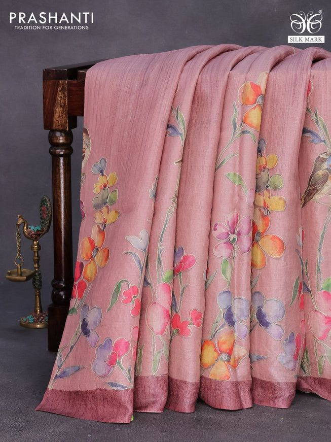 Pure tussar silk saree pastel pink with allover floral design pita work and zari woven border