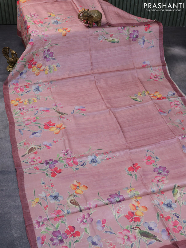 Pure tussar silk saree pastel pink with allover floral design pita work and zari woven border