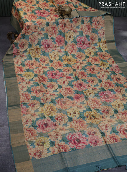 Pure tussar silk saree green shade with allover floral design pita work and zari woven border