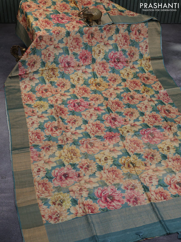 Pure tussar silk saree green shade with allover floral design pita work and zari woven border